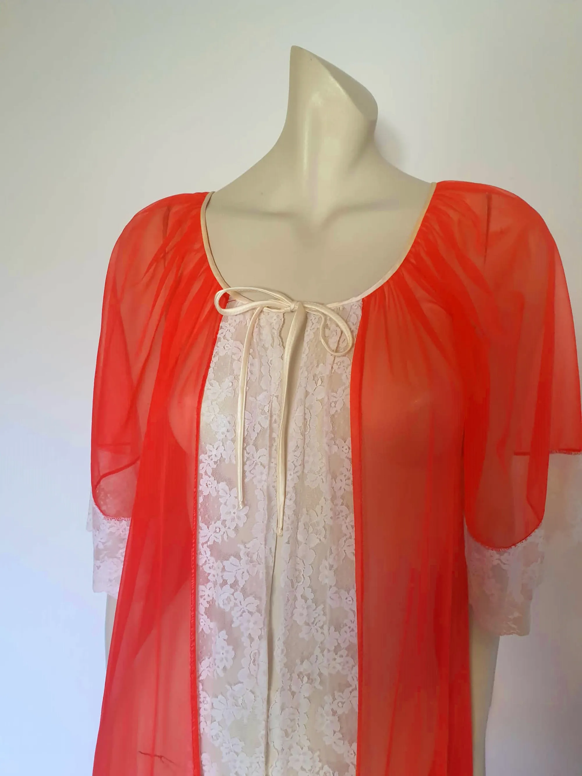1960s Sheer Bright Red Robe, Peignoir - M