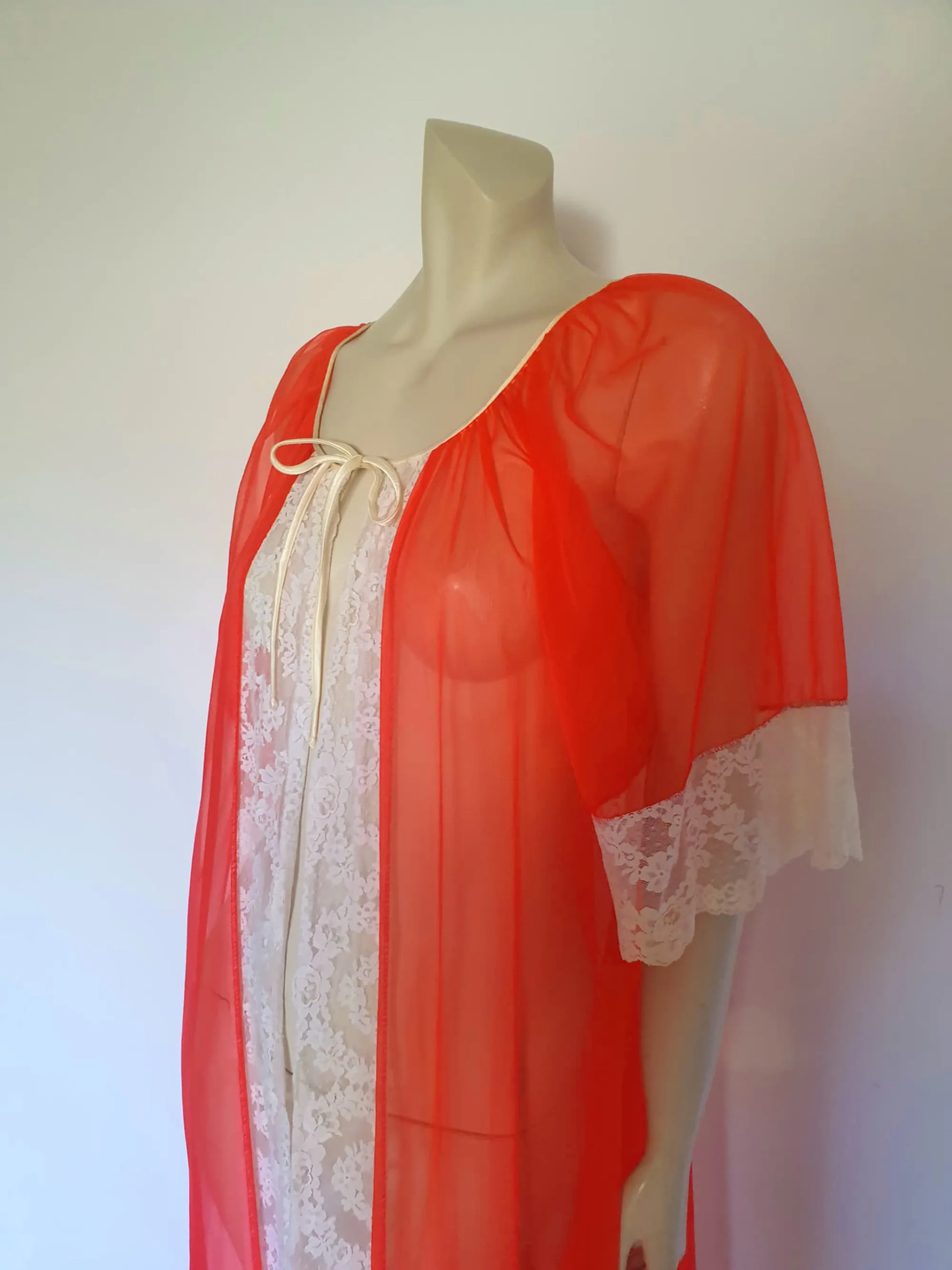 1960s Sheer Bright Red Robe, Peignoir - M