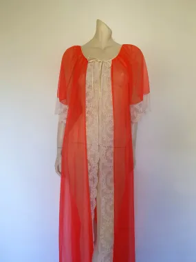 1960s Sheer Bright Red Robe, Peignoir - M