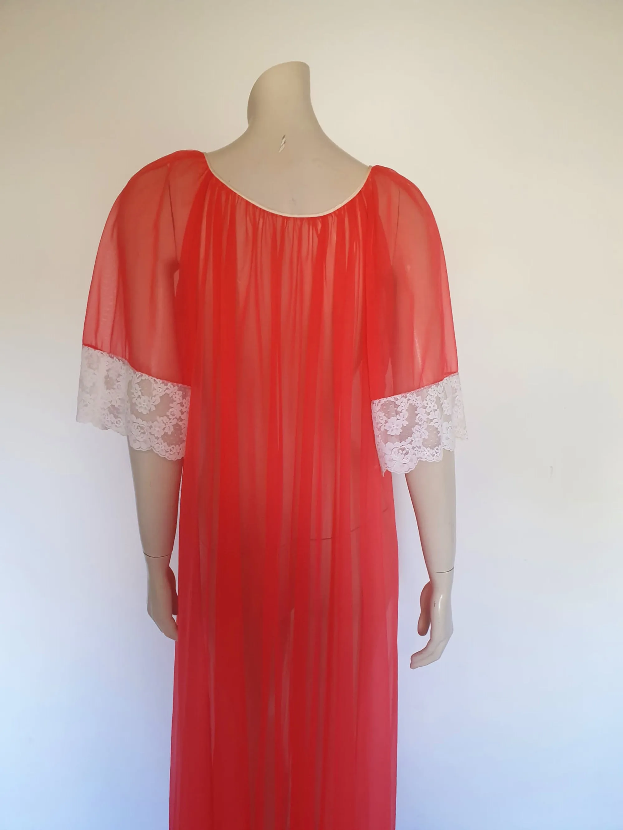 1960s Sheer Bright Red Robe, Peignoir - M