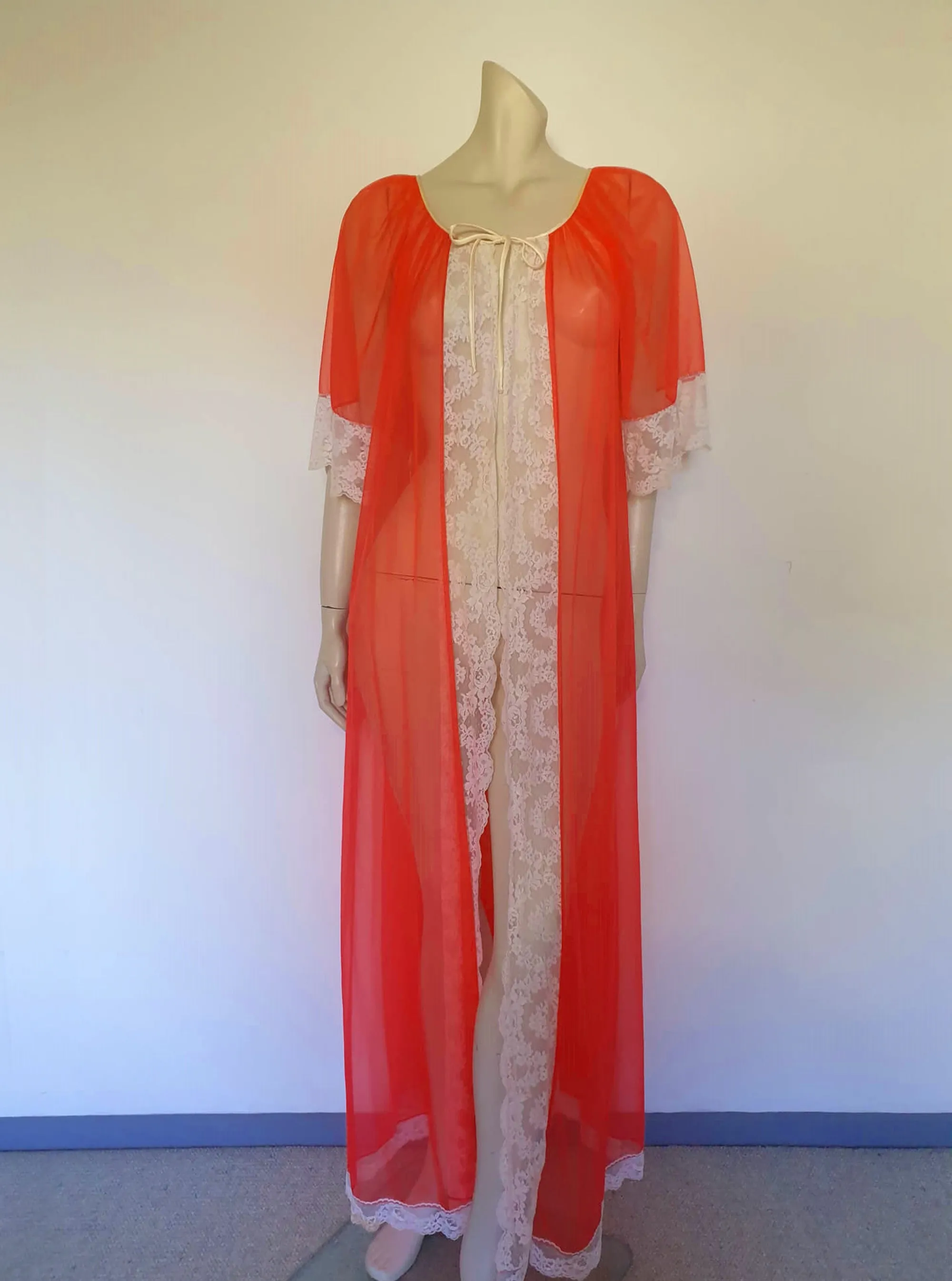 1960s Sheer Bright Red Robe, Peignoir - M