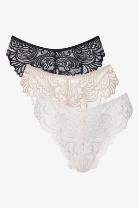 3 Pack Lace Thongs Black, Natural & White