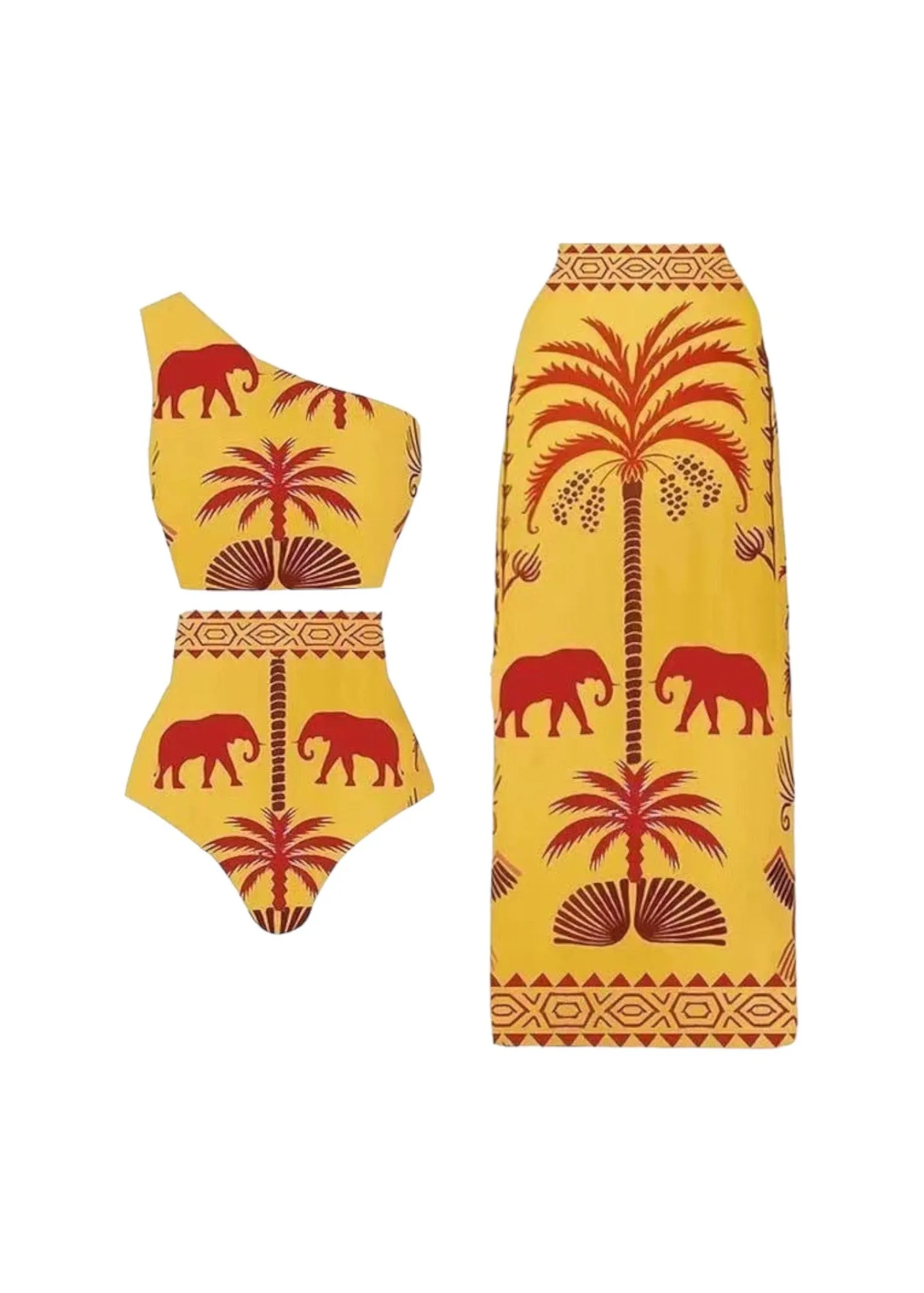 African Print One Shoulder Bikini Swimsuit & Skirt