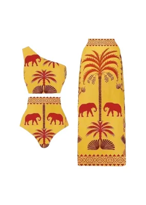 African Print One Shoulder Bikini Swimsuit & Skirt