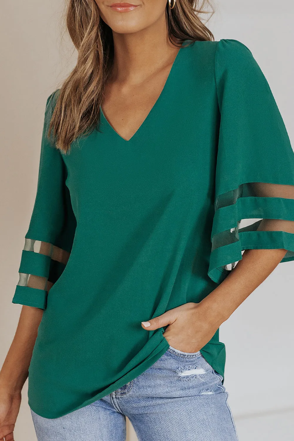 *APP EXCLUSIVE* Sheer Striped Flare Sleeve Vneck Blouse