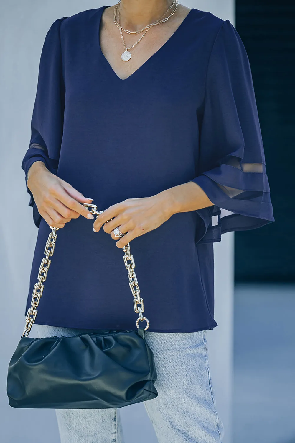 *APP EXCLUSIVE* Sheer Striped Flare Sleeve Vneck Blouse
