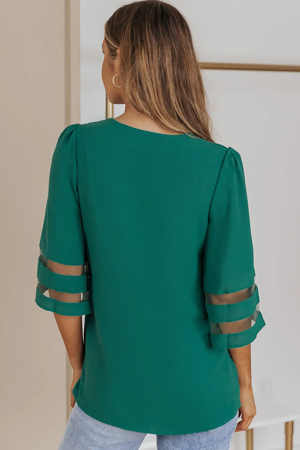 *APP EXCLUSIVE* Sheer Striped Flare Sleeve Vneck Blouse