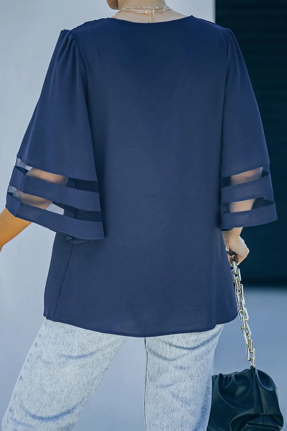 *APP EXCLUSIVE* Sheer Striped Flare Sleeve Vneck Blouse