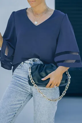 *APP EXCLUSIVE* Sheer Striped Flare Sleeve Vneck Blouse