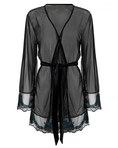 Applique Floral Short Robe - Black/Jewel Blue -
