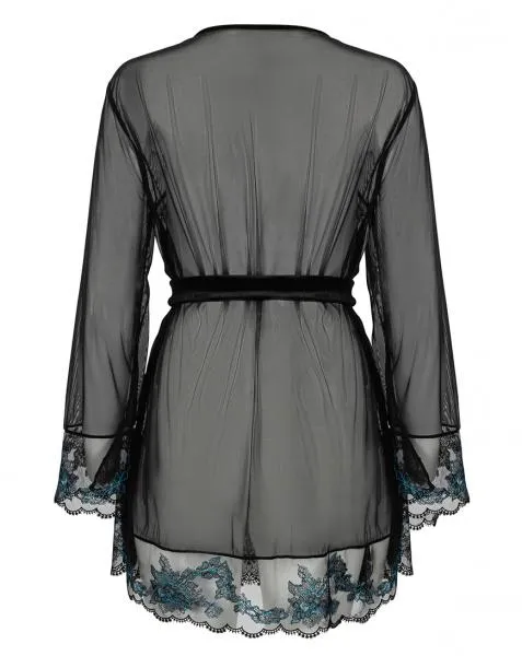 Applique Floral Short Robe - Black/Jewel Blue -