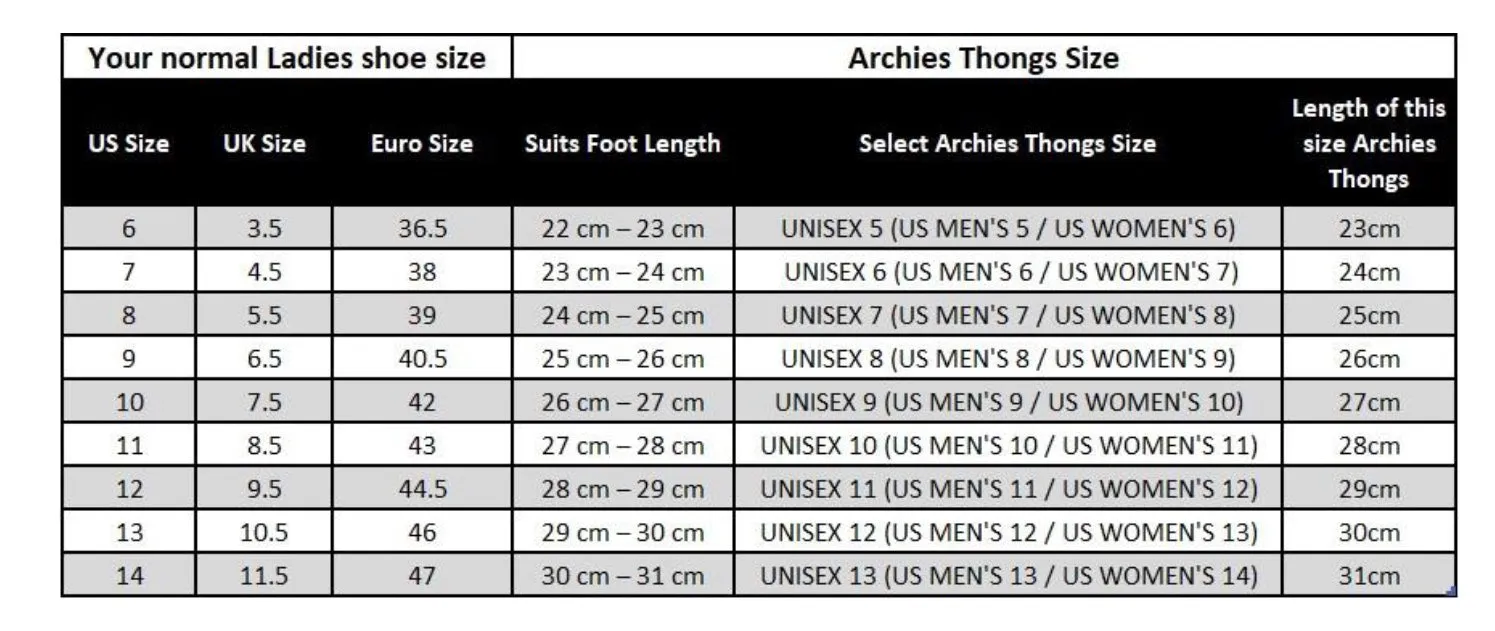 Archie’s Unisex Thong All Colours