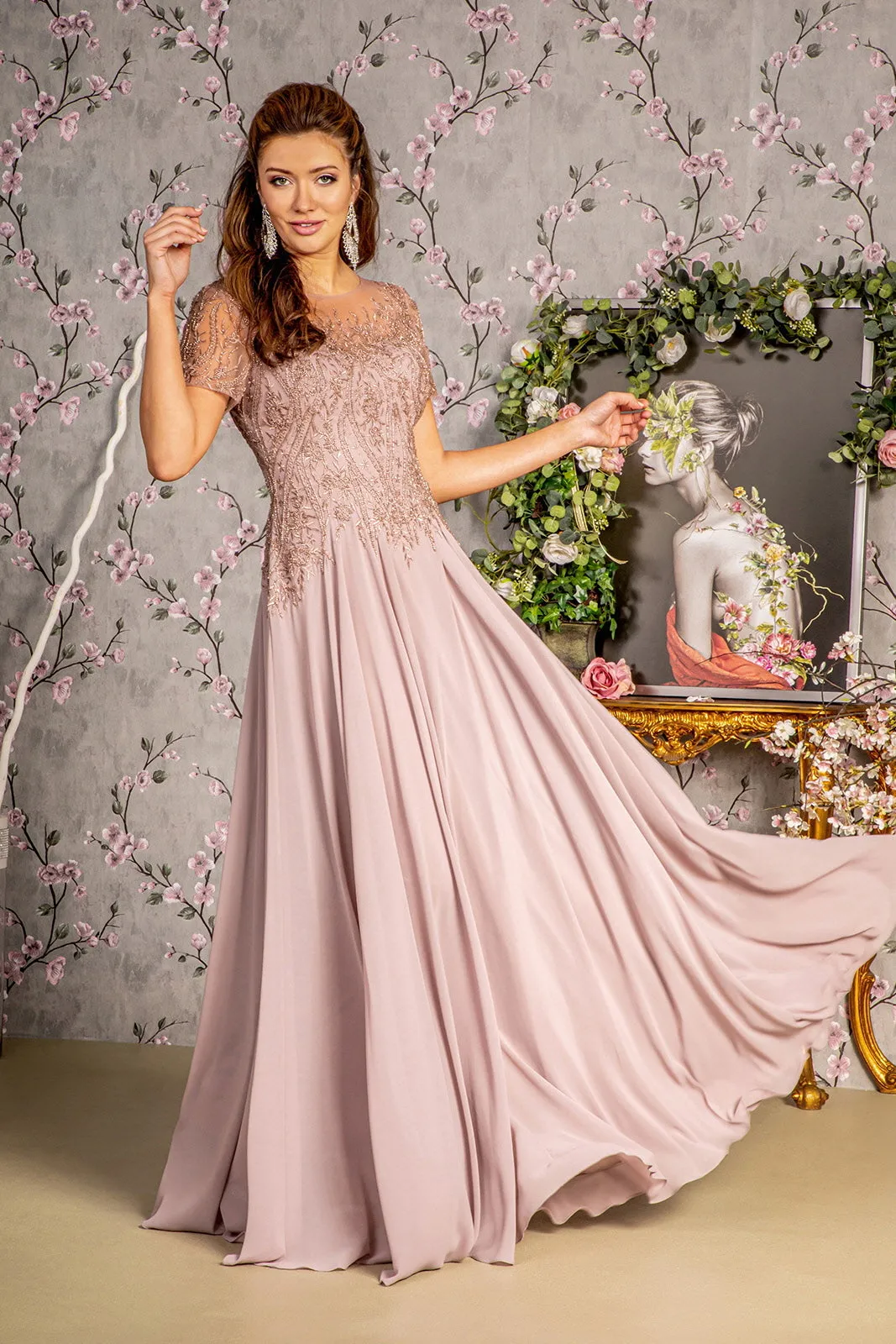Bead Embroidery Sheer Short Sleeves A-line Mesh Long Dress GLGL3492