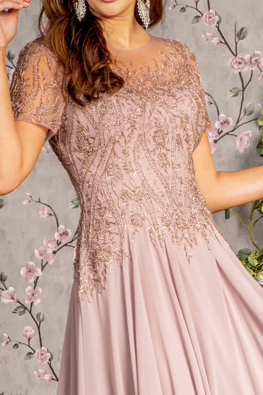 Bead Embroidery Sheer Short Sleeves A-line Mesh Long Dress GLGL3492