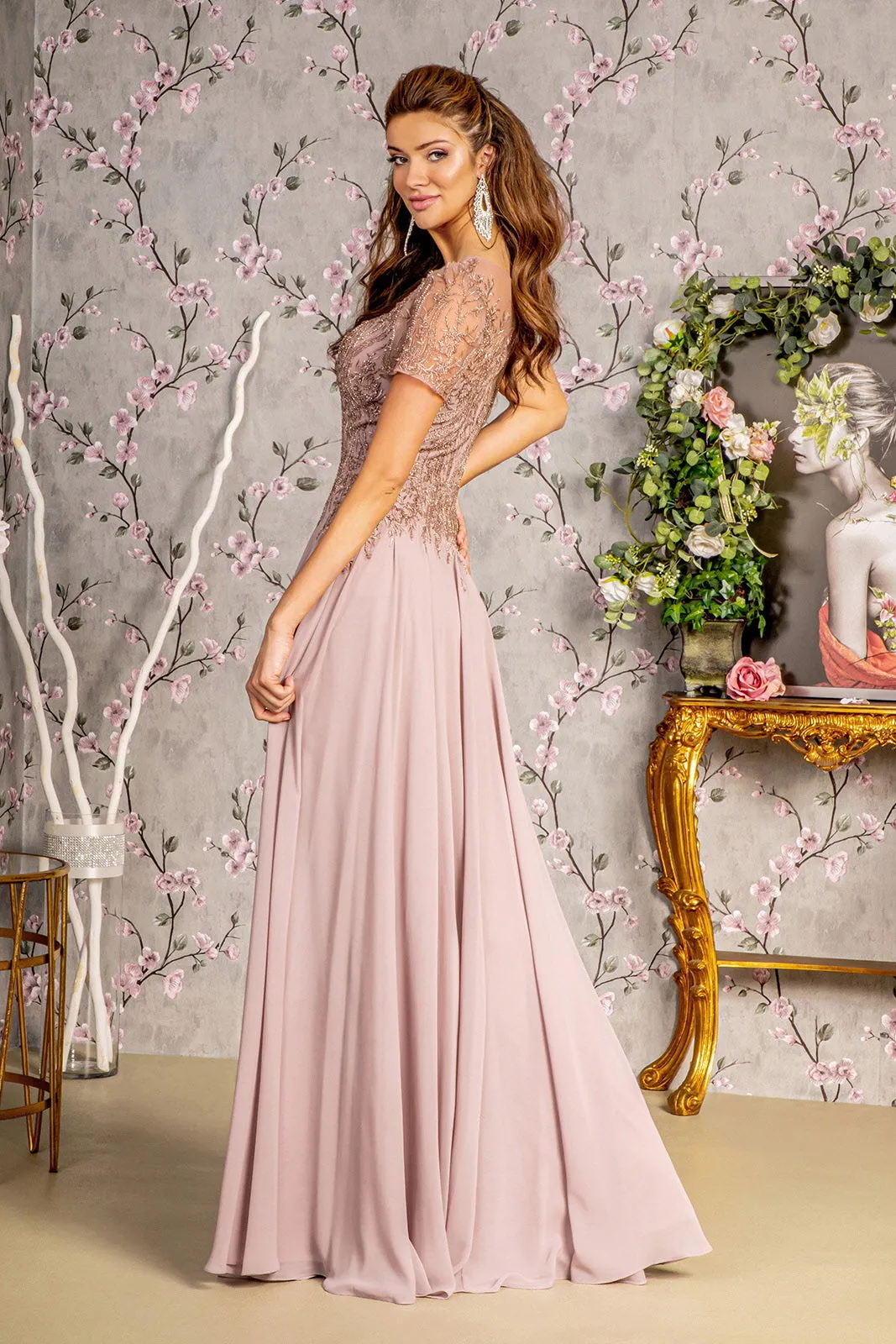 Bead Embroidery Sheer Short Sleeves A-line Mesh Long Dress GLGL3492