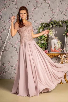 Bead Embroidery Sheer Short Sleeves A-line Mesh Long Dress GLGL3492