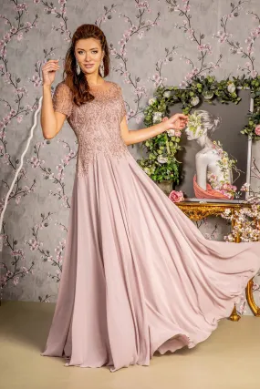 Bead Embroidery Sheer Short Sleeves A-line Mesh Long Mother Of The Bride Dress GLGL3492