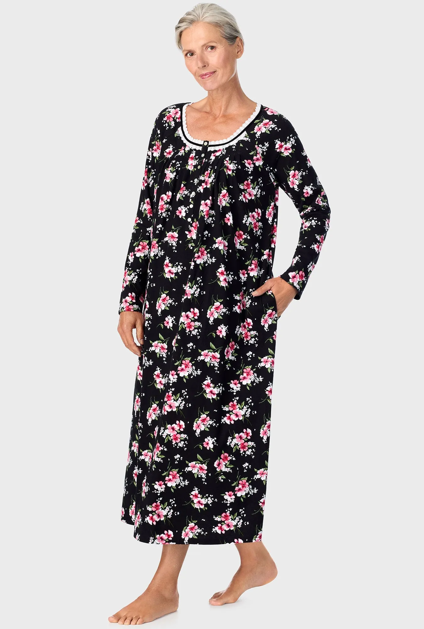 Black Floral Long Sleeve Nightgown