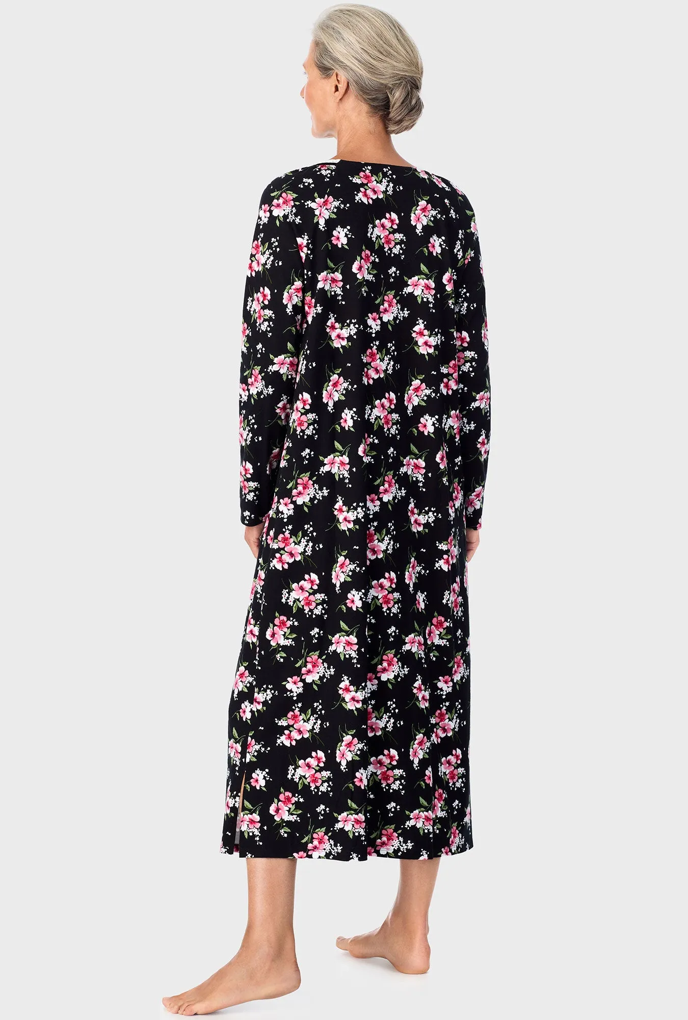 Black Floral Long Sleeve Nightgown