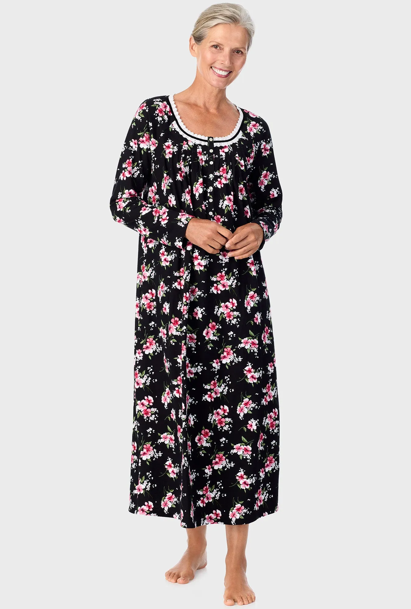 Black Floral Long Sleeve Nightgown
