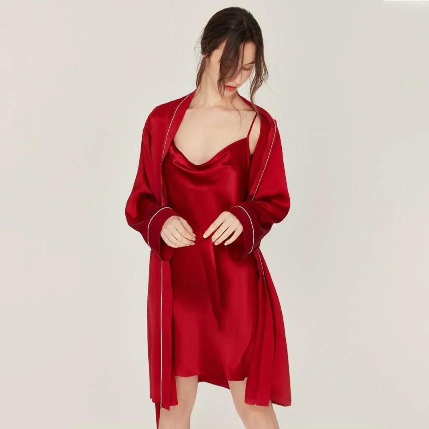 Classic Solid Silk Robe And Nightgown Set Long Sleeves 100%  Silk Sleepwear Bathrobe For Women