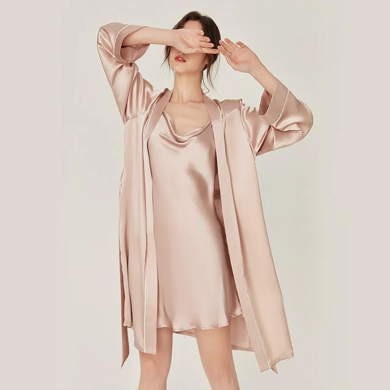 Classic Solid Silk Robe And Nightgown Set Long Sleeves 100%  Silk Sleepwear Bathrobe For Women
