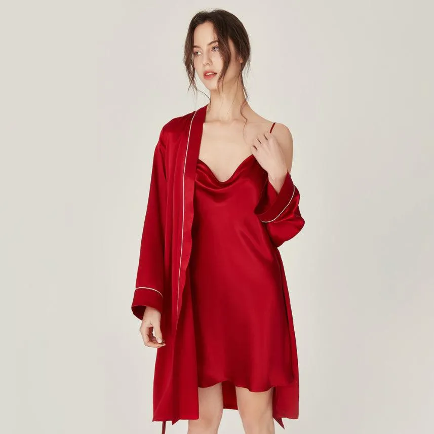 Classic Solid Silk Robe And Nightgown Set Long Sleeves 100%  Silk Sleepwear Bathrobe For Women
