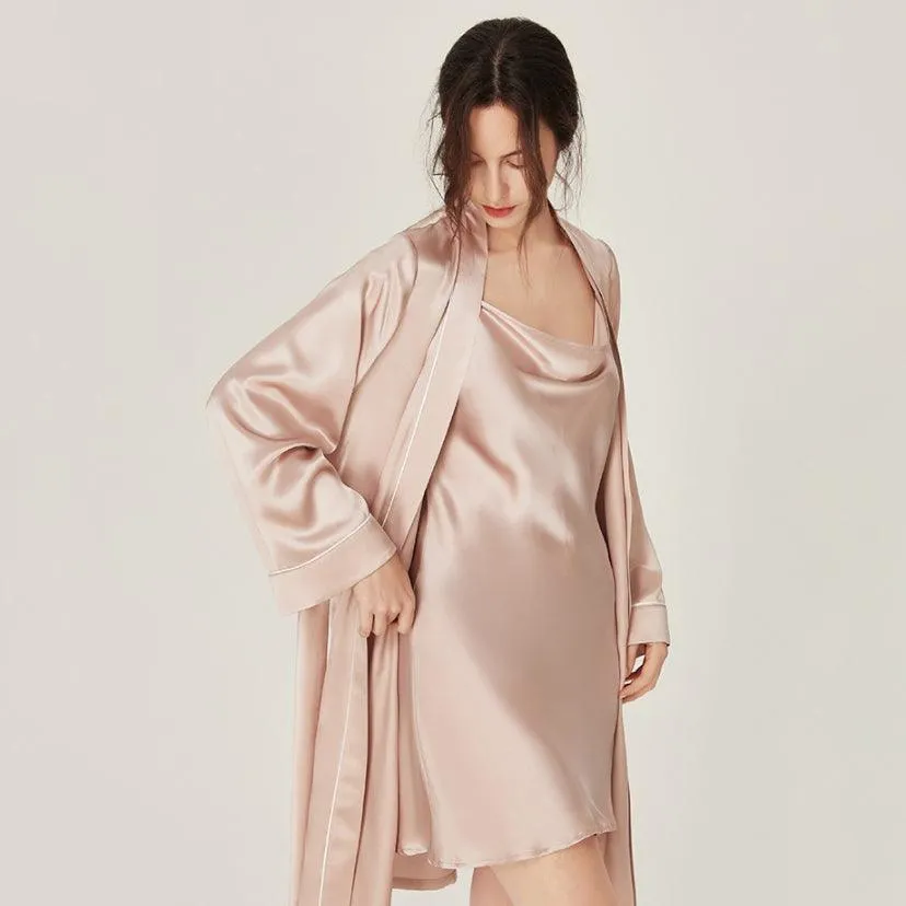 Classic Solid Silk Robe And Nightgown Set Long Sleeves 100%  Silk Sleepwear Bathrobe For Women