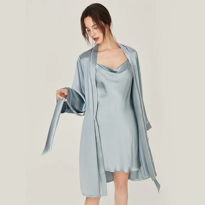 Classic Solid Silk Robe And Nightgown Set Long Sleeves 100%  Silk Sleepwear Bathrobe For Women