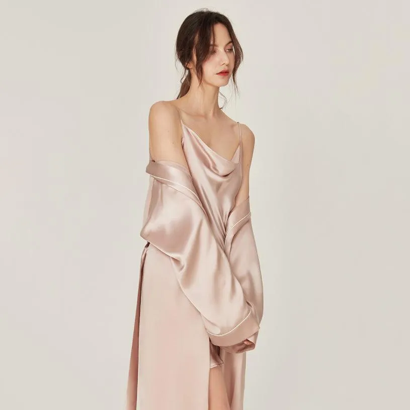 Classic Solid Silk Robe And Nightgown Set Long Sleeves 100%  Silk Sleepwear Bathrobe For Women