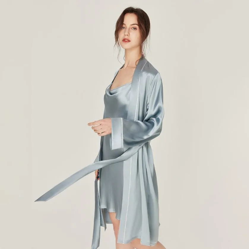 Classic Solid Silk Robe And Nightgown Set Long Sleeves 100%  Silk Sleepwear Bathrobe For Women
