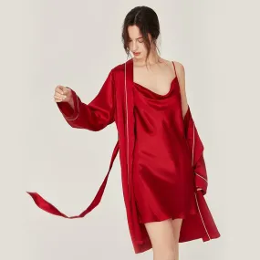 Classic Solid Silk Robe And Nightgown Set Long Sleeves 100%  Silk Sleepwear Bathrobe For Women