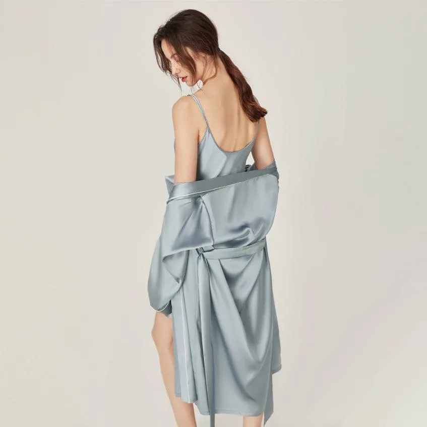 Classic Solid Silk Robe And Nightgown Set Long Sleeves 100%  Silk Sleepwear Bathrobe For Women