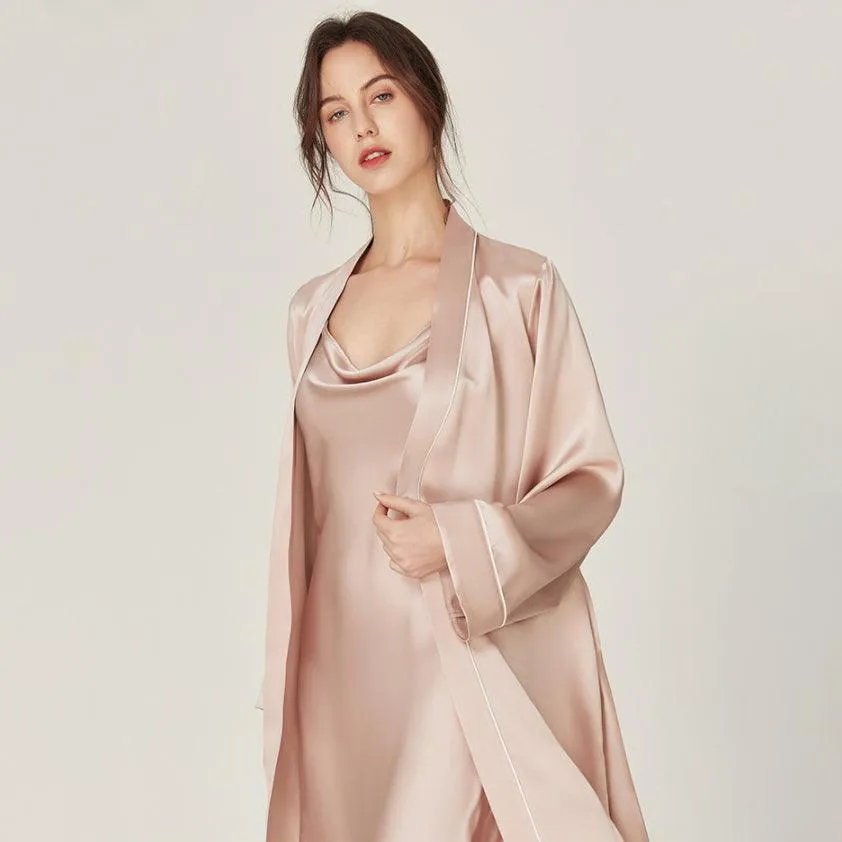 Classic Solid Silk Robe And Nightgown Set Long Sleeves 100%  Silk Sleepwear Bathrobe For Women