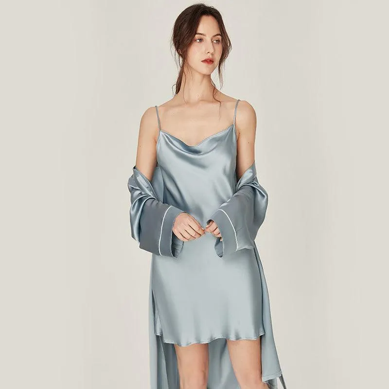 Classic Solid Silk Robe And Nightgown Set Long Sleeves 100%  Silk Sleepwear Bathrobe For Women