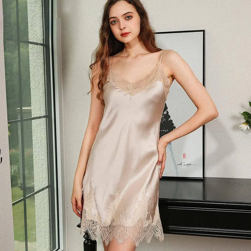 Classic V Neck Silk Nightgown with Lace Split Women's Ladies Silk Nightwear