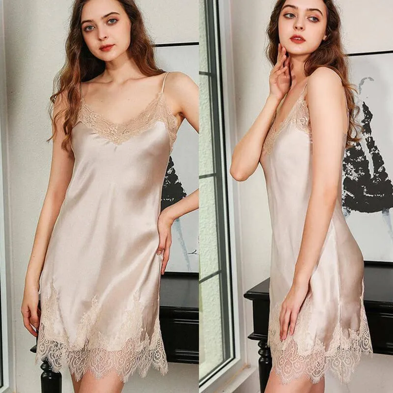 Classic V Neck Silk Nightgown with Lace Split Women's Ladies Silk Nightwear