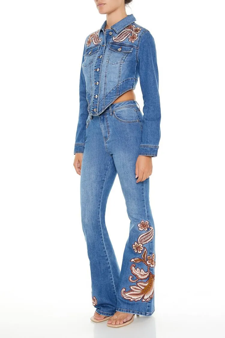 Embroidered Paisley Flare Jeans