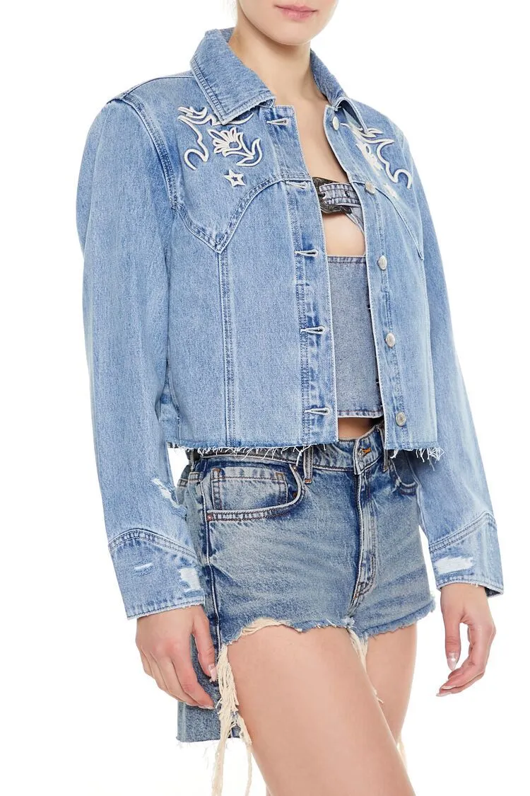 Embroidered Raw-Cut Denim Jacket