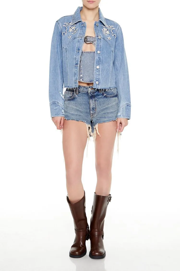 Embroidered Raw-Cut Denim Jacket