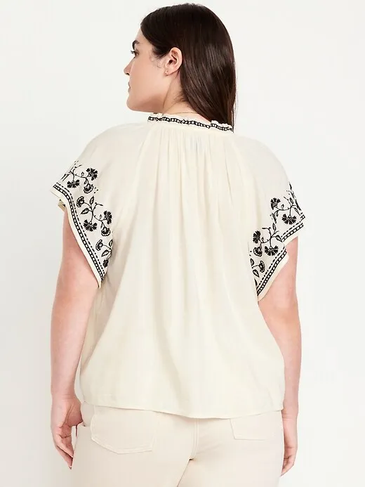Embroidered Split-Neck Top