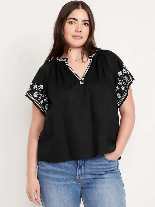 Embroidered Split-Neck Top