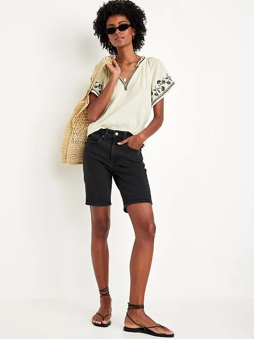 Embroidered Split-Neck Top