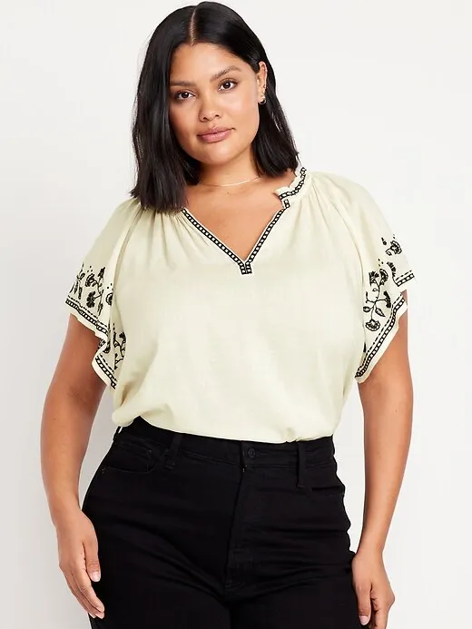 Embroidered Split-Neck Top