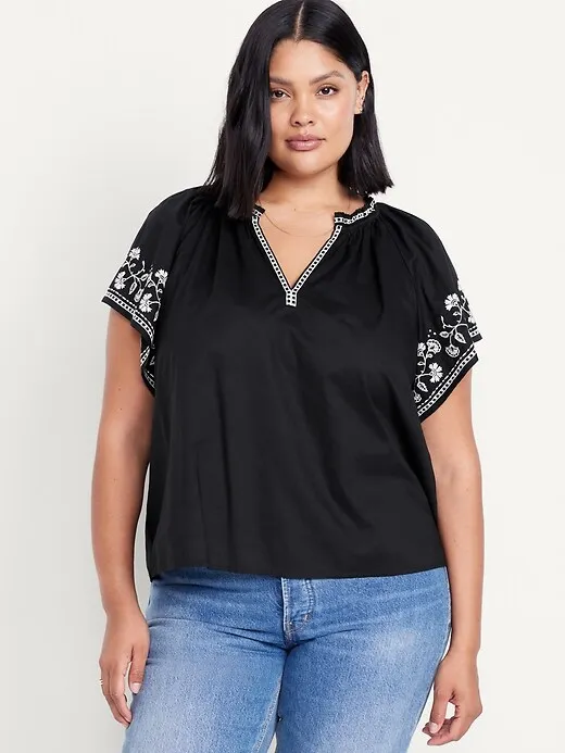 Embroidered Split-Neck Top