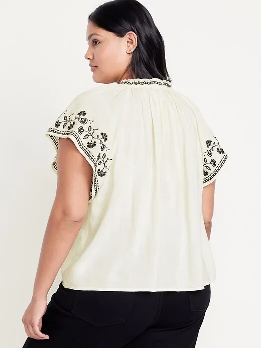 Embroidered Split-Neck Top