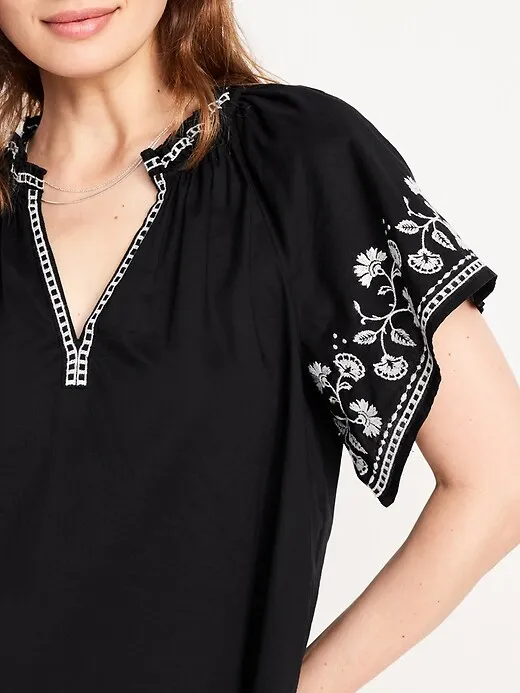 Embroidered Split-Neck Top
