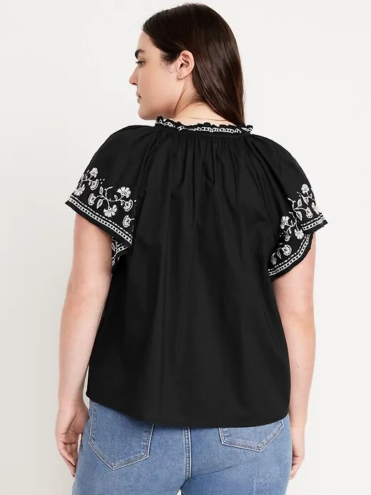 Embroidered Split-Neck Top
