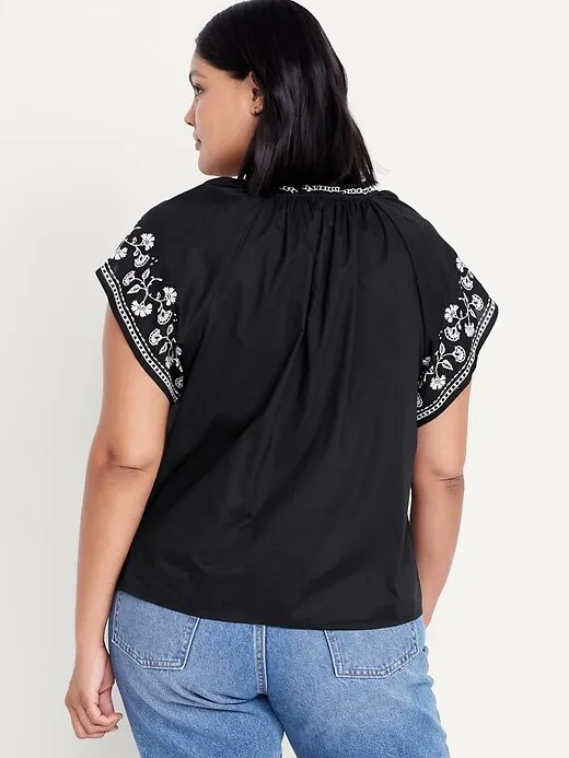Embroidered Split-Neck Top