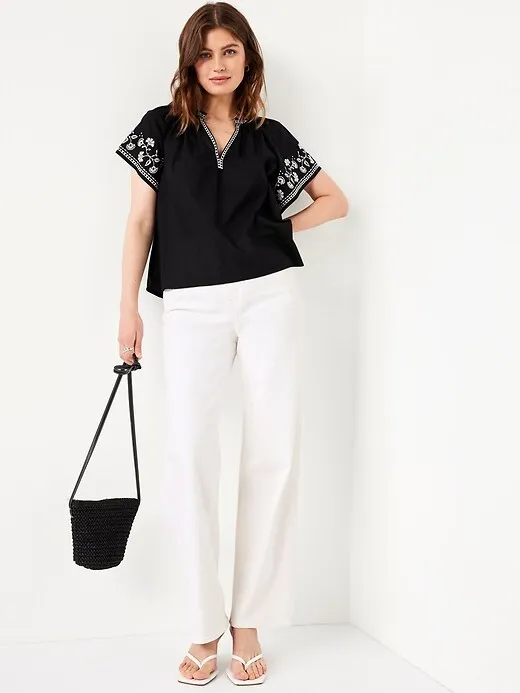 Embroidered Split-Neck Top